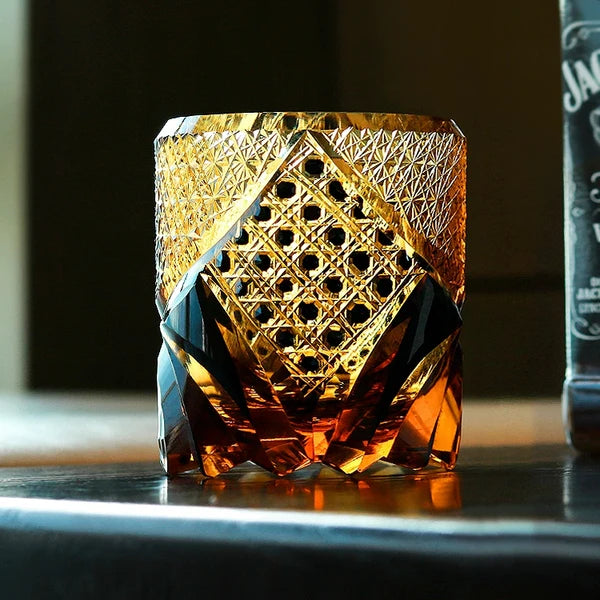 Takeshi – Japanese Warrior Armor Whiskey Glass, Hand-Cut Amber Edo Kiriko