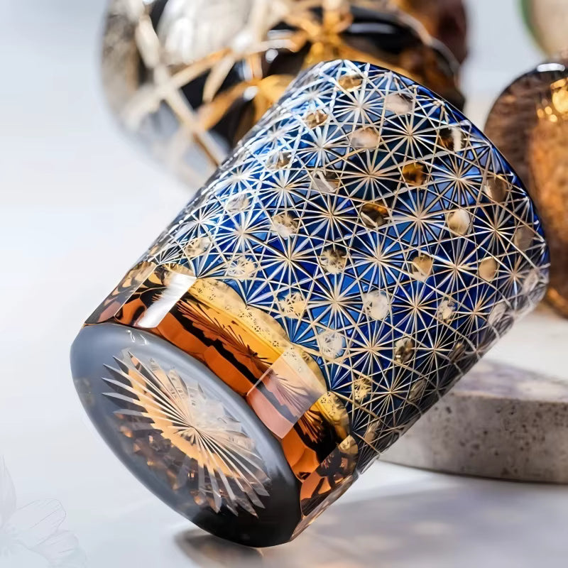 Hoshizora – Traditional Japanese Edo Kiriko Whiskey Glass, Blue Amber Crystal