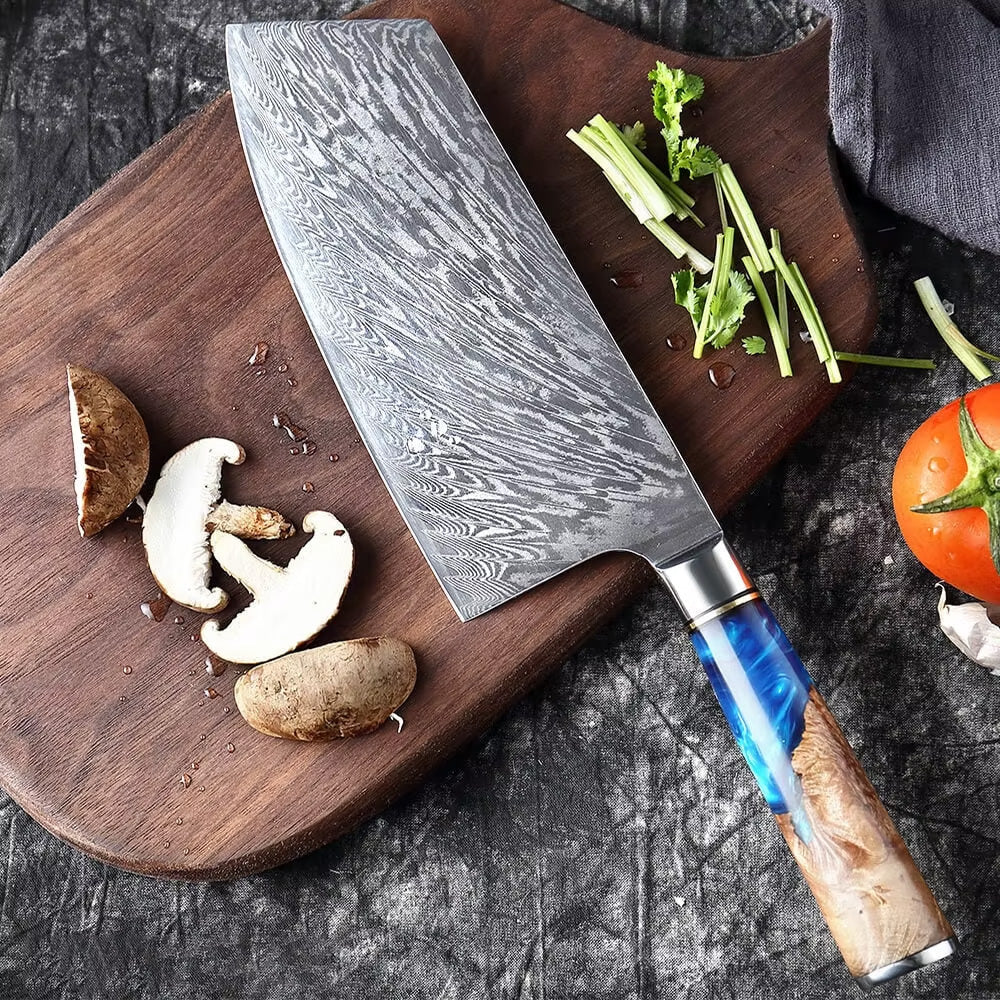 Arashi – Japanese Damascus Cleaver, VG10 Chef Knife with Blue Resin Wood Handle