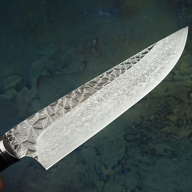 Musashi – Japanese Damascus Chef Knife, Handcrafted VG10 Steel Blade with Leather Sheath