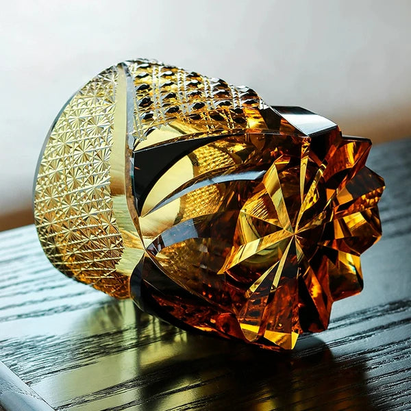 Takeshi – Japanese Warrior Armor Whiskey Glass, Hand-Cut Amber Edo Kiriko