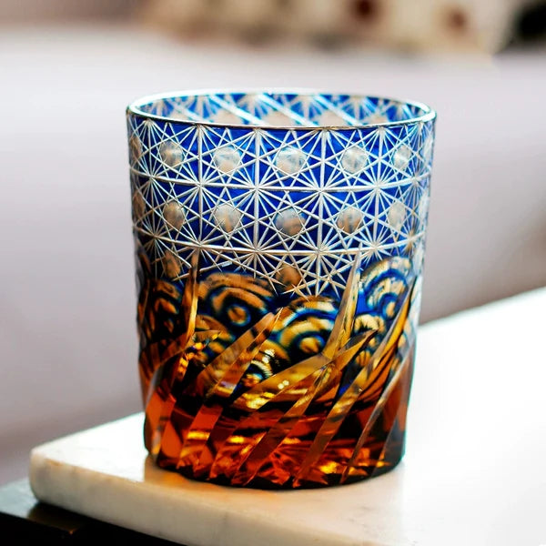 Minato – Traditional Edo Kiriko Whiskey Glass, Starburst Wave Pattern