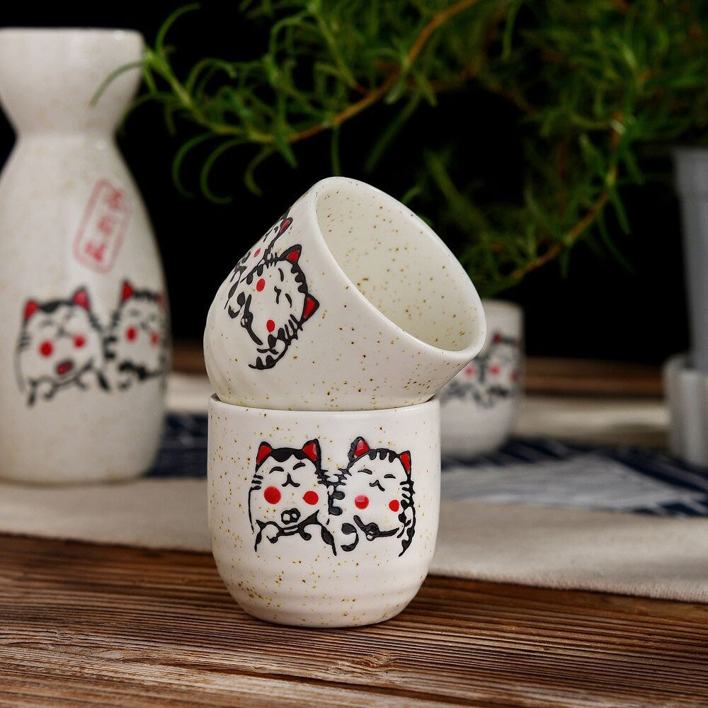 Fuku – Japanese Sake Set with Hand-Painted Motifs, Traditional Ceramic Bottle & Cups