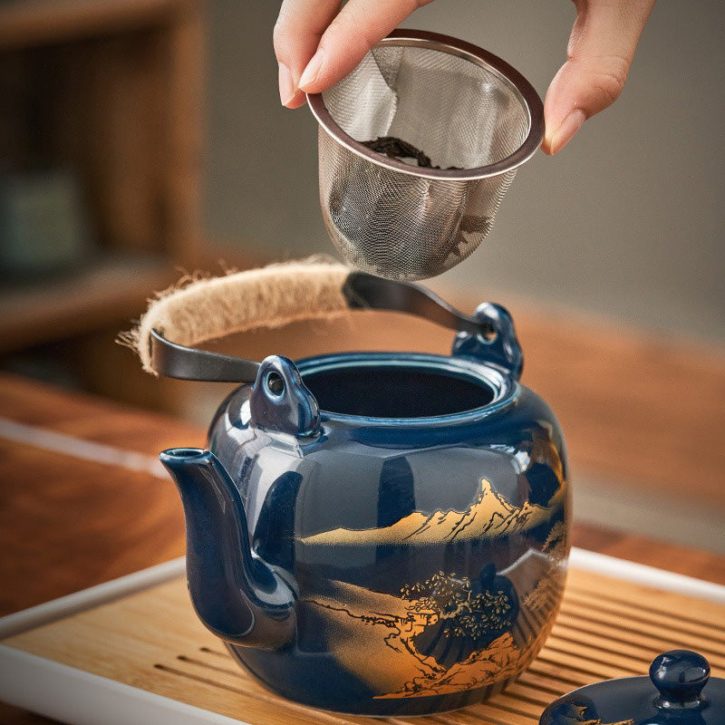 Sansui – Japanese Teapot, Blue Porcelain Gongfu Tea Set with Tray
