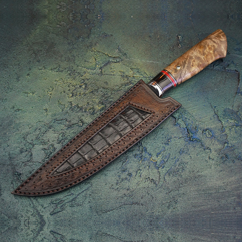 Musashi – Japanese Damascus Chef Knife, Handcrafted VG10 Steel Blade with Leather Sheath