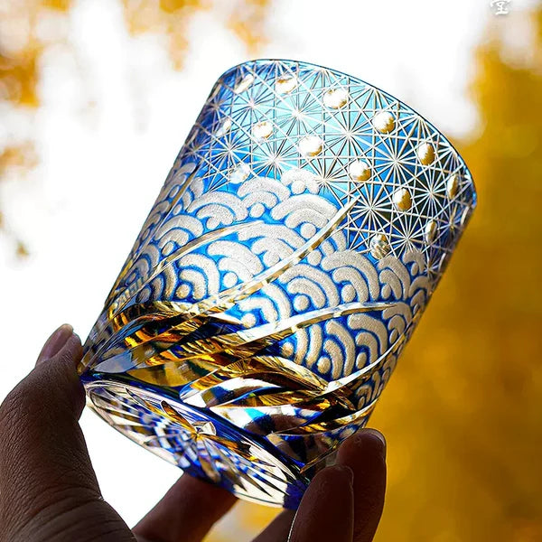 Minato – Traditional Edo Kiriko Whiskey Glass, Starburst Wave Pattern