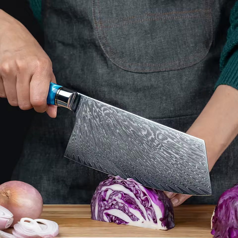 Arashi – Japanese Damascus Cleaver, VG10 Chef Knife with Blue Resin Wood Handle