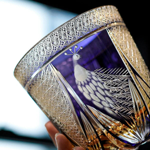 Kujaku – Edo Kiriko Whiskey Glass, Traditional Japanese Peacock Design
