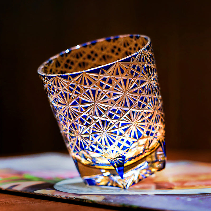 Ruri – Traditional Japanese Edo Kiriko Whiskey Glass, Hand-Cut Crystal Amber