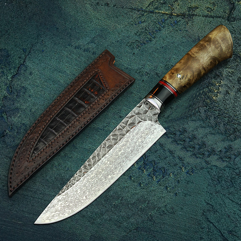 Musashi – Japanese Damascus Chef Knife, Handcrafted VG10 Steel Blade with Leather Sheath