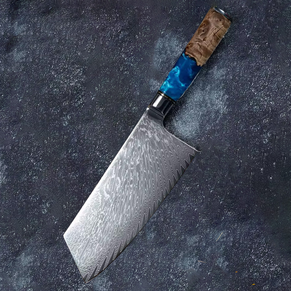Arashi – Japanese Damascus Cleaver, VG10 Chef Knife with Blue Resin Wood Handle