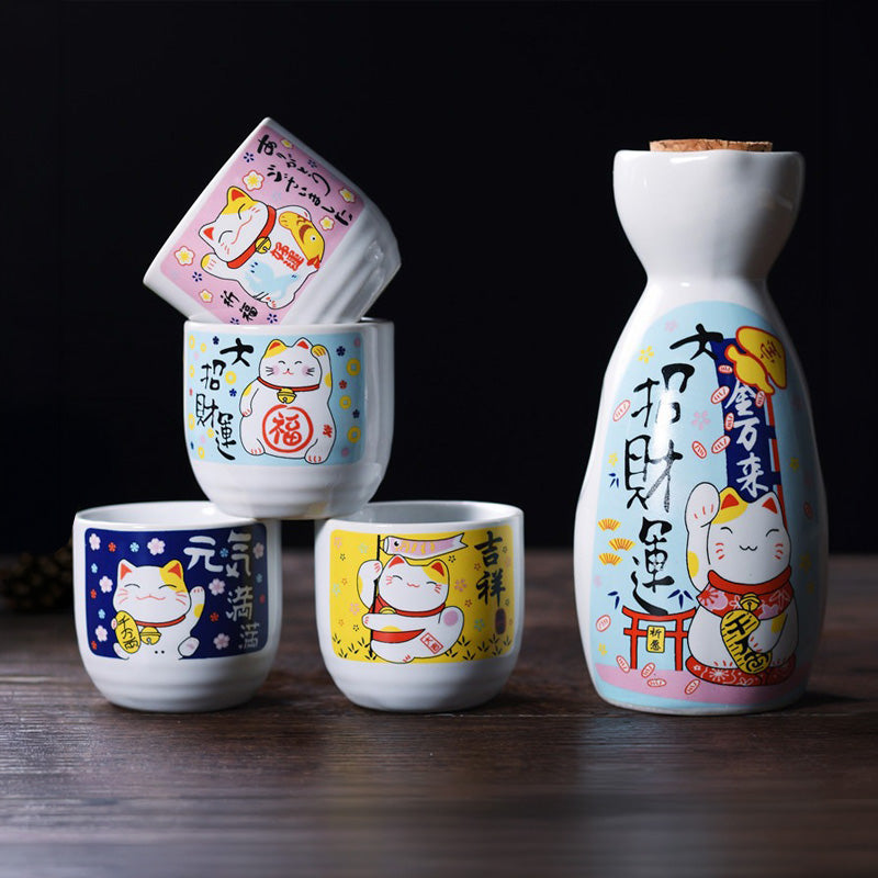Fuku – Japanese Sake Set with Hand-Painted Motifs, Traditional Ceramic Bottle & Cups