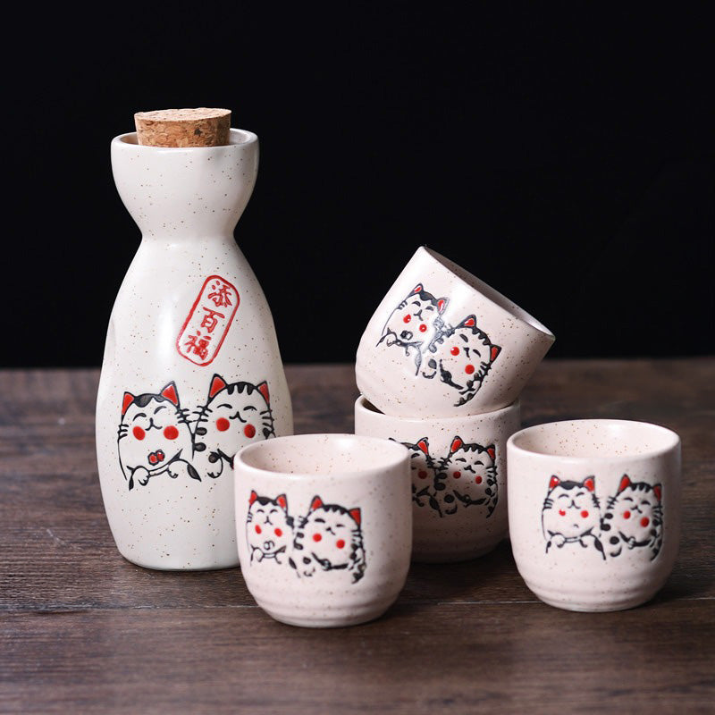 Fuku – Japanese Sake Set with Hand-Painted Motifs, Traditional Ceramic Bottle & Cups
