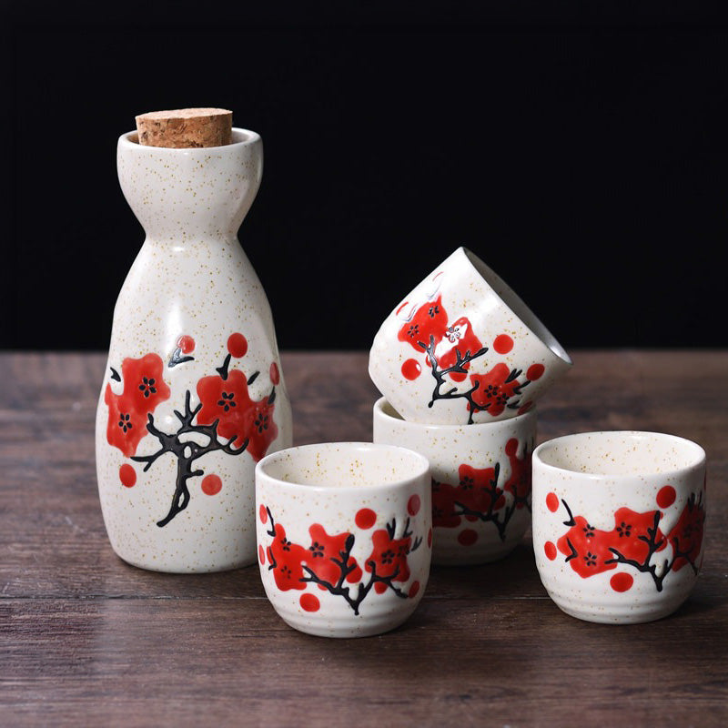 Fuku – Japanese Sake Set with Hand-Painted Motifs, Traditional Ceramic Bottle & Cups